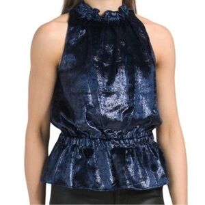 NEW NWT Ramy Brook Lonny Top in‎ Navy High Ruffle Neck Metallic Glitter